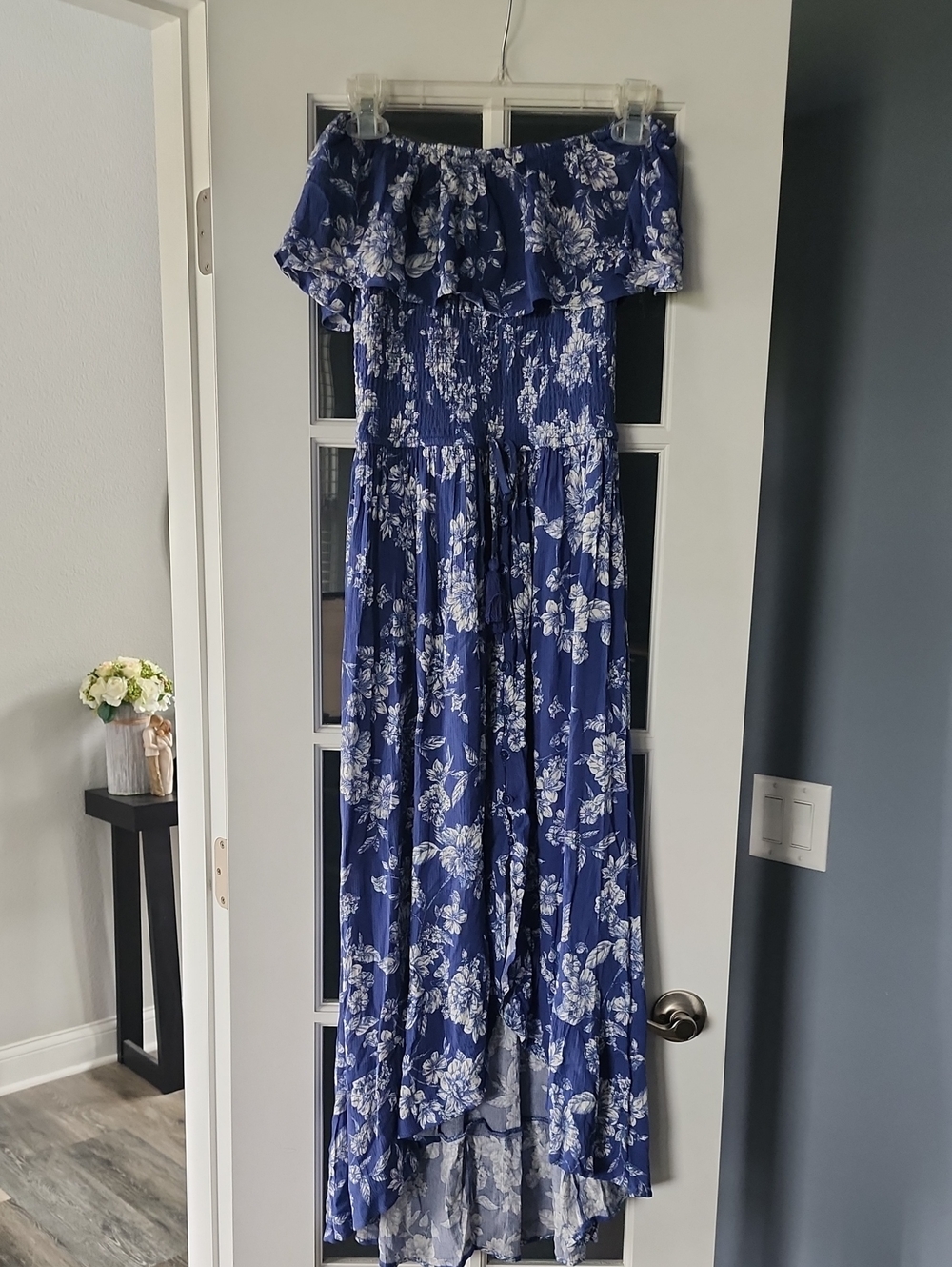 Xhilaration Blue and White Floral Off-Shoulder Maxi Dress